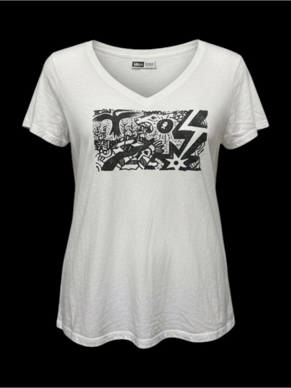 New Era White V-Neck Tee with Black Graphic Panel